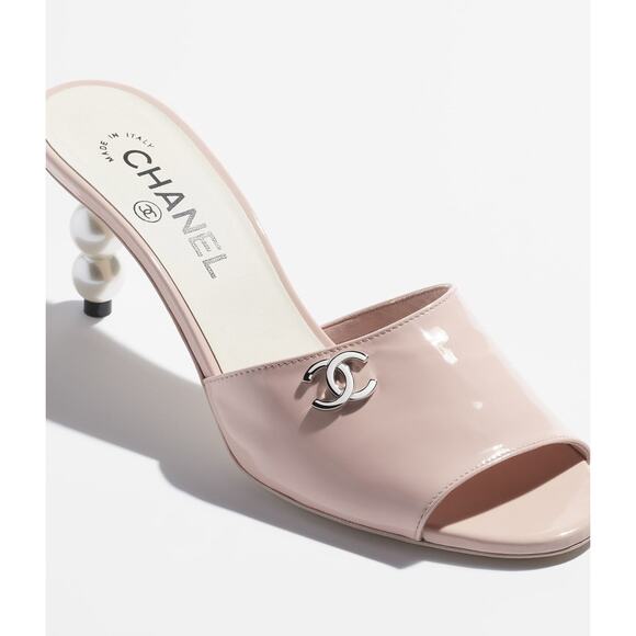 Chanel 23S Pink Patent Leather CC Logo Pearl Heel Backless Mule Sandal Pump 37 - Picture 3 of 15